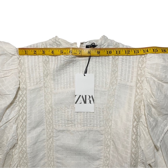 Zara | Women | Ivory Lace Insert Bishop Sleeve Ruffle Top | Size Extra Small - Picture 4 of 10